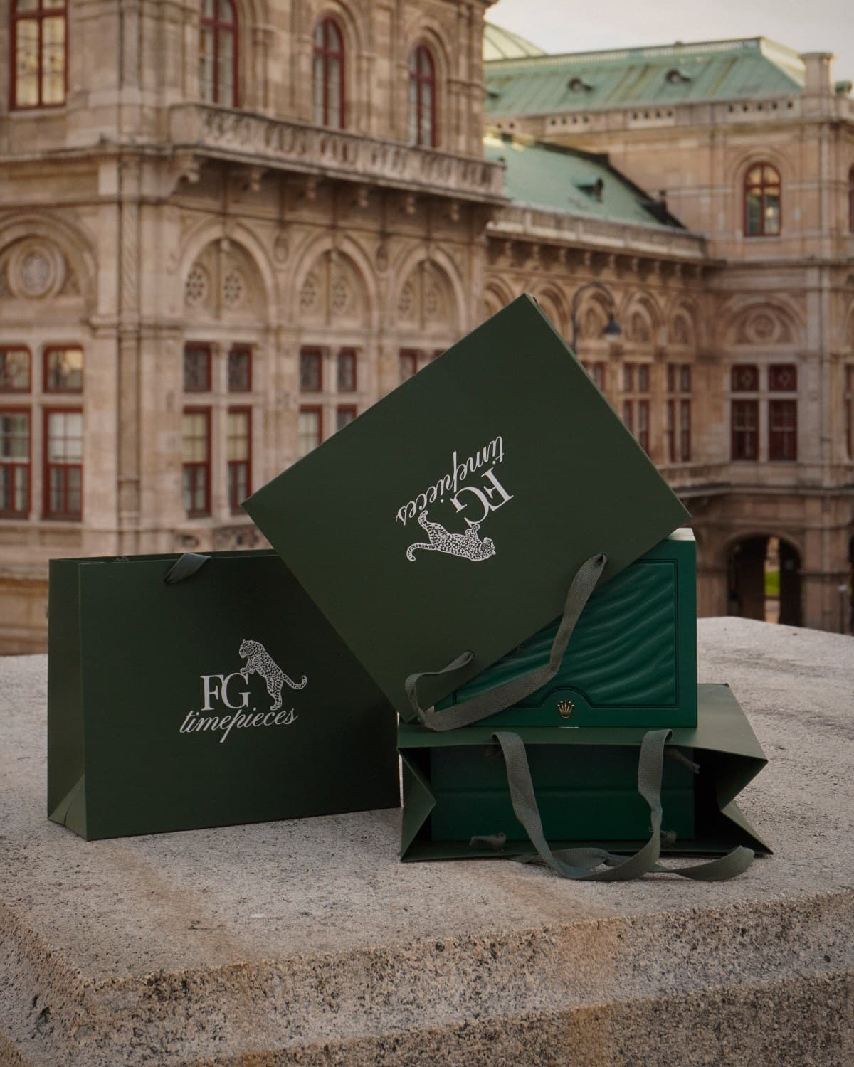 FG timepieces bags and boxes in front of the Vienna State Opera